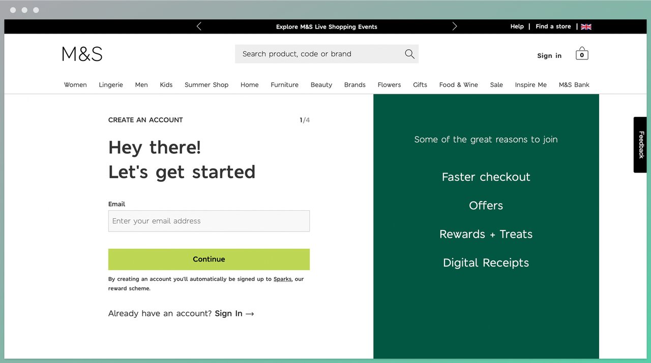 marks and spencer sign up form with an email address box and the offers like faster checkout with a green background on the right