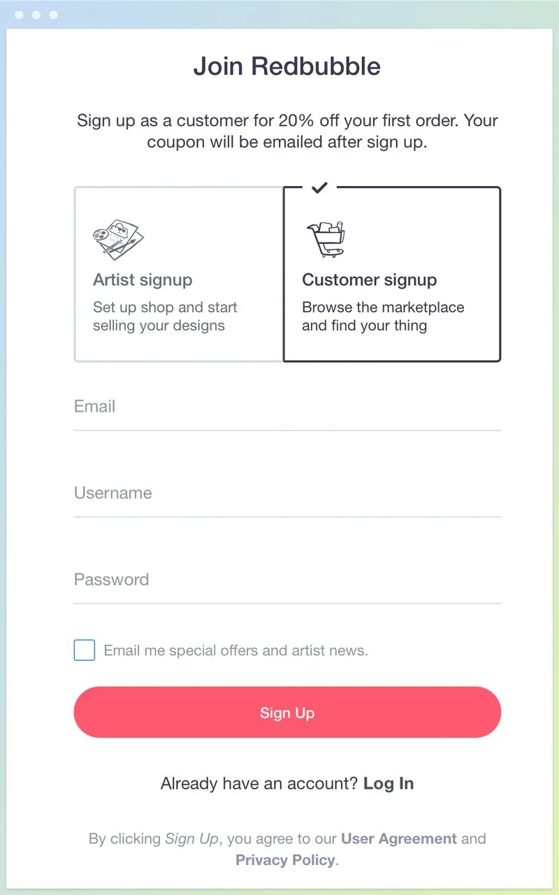 redbubble sign up popup form with email, username, password fields and sign up button