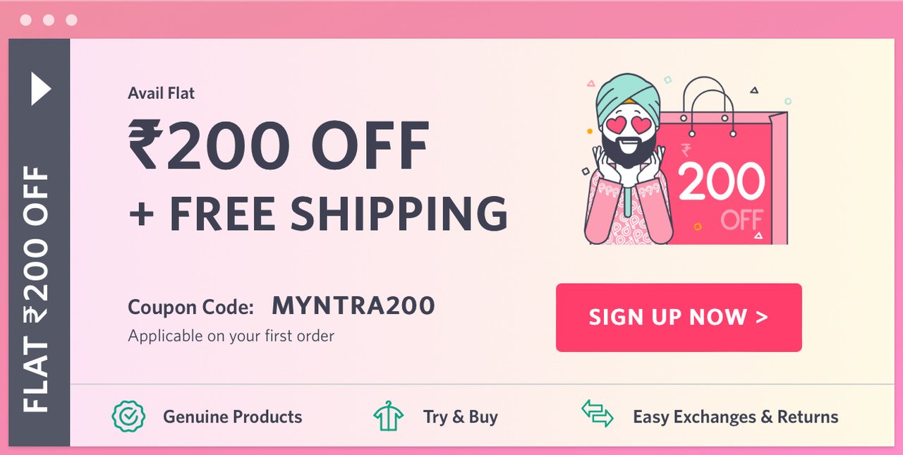 Myntra's popup showing an excited person figure offering discount and free shipping with a pink sign up button