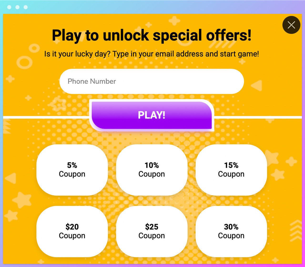 a yellow gamified popup offering special offers with a play button and differen discount rates below