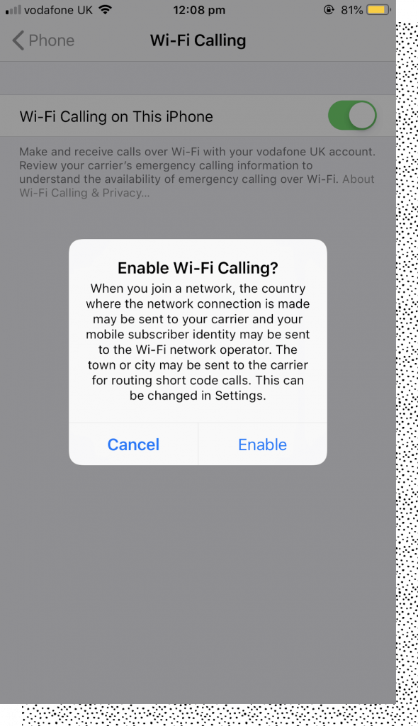 Captura de pantalla del aviso de llamada Wi-Fi del iPhone - Llamadas Wi-Fi