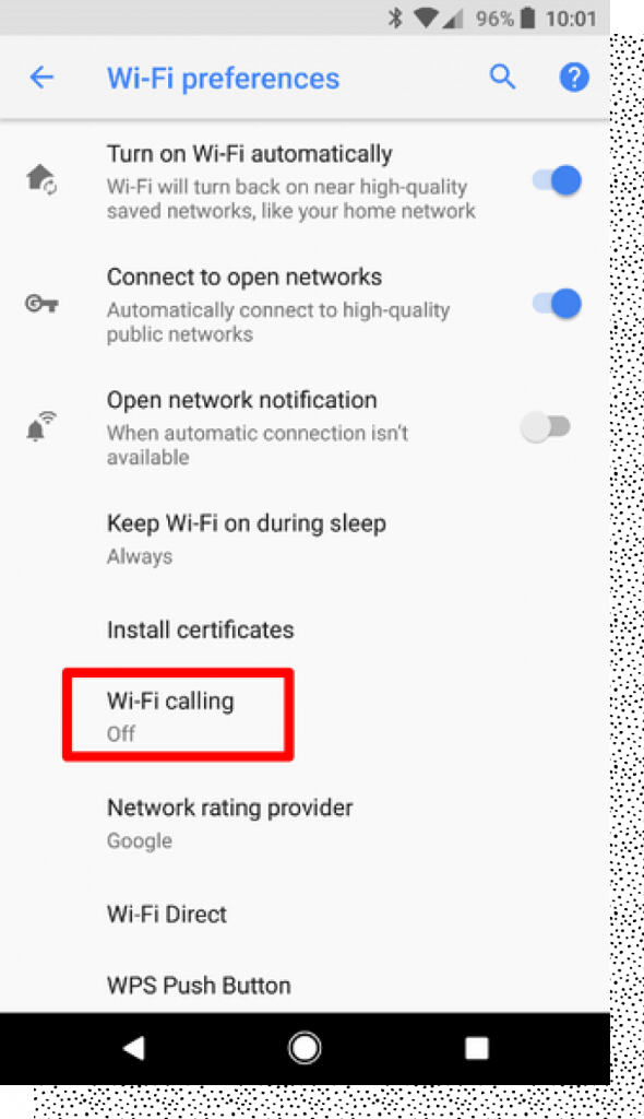 Captura de tela das configurações de chamada Wi-Fi do Android