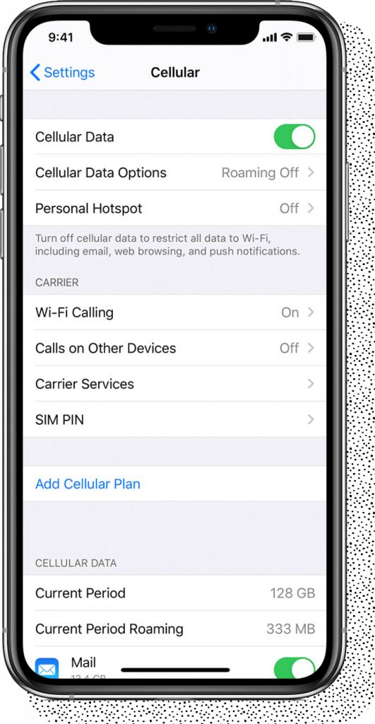 Captura de tela das configurações de dados de celular do iPhone