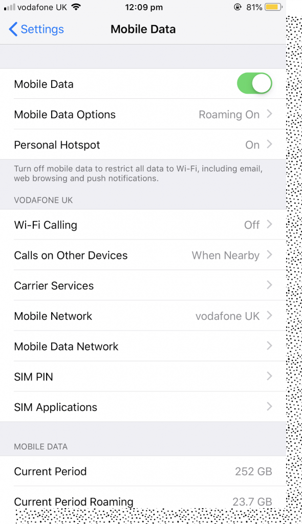 Tangkapan layar Pengaturan Data Seluler iPhone - Panggilan Wi-Fi