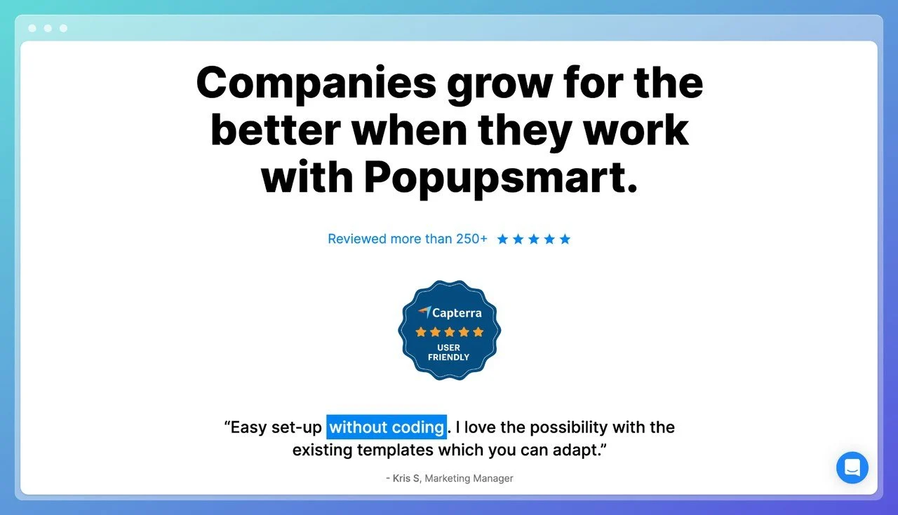 an screenshot of popupsmart website homepage with a Capterra review trust badge