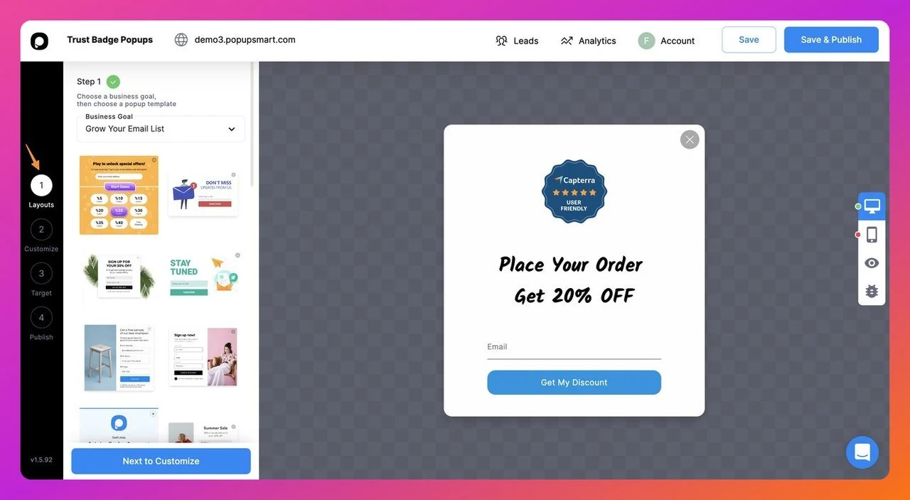 a screenshot of Popupsmart popup builder dashboar four step of ecommerce trust badge popup building  with the "Layout" page with different popup templates and examples