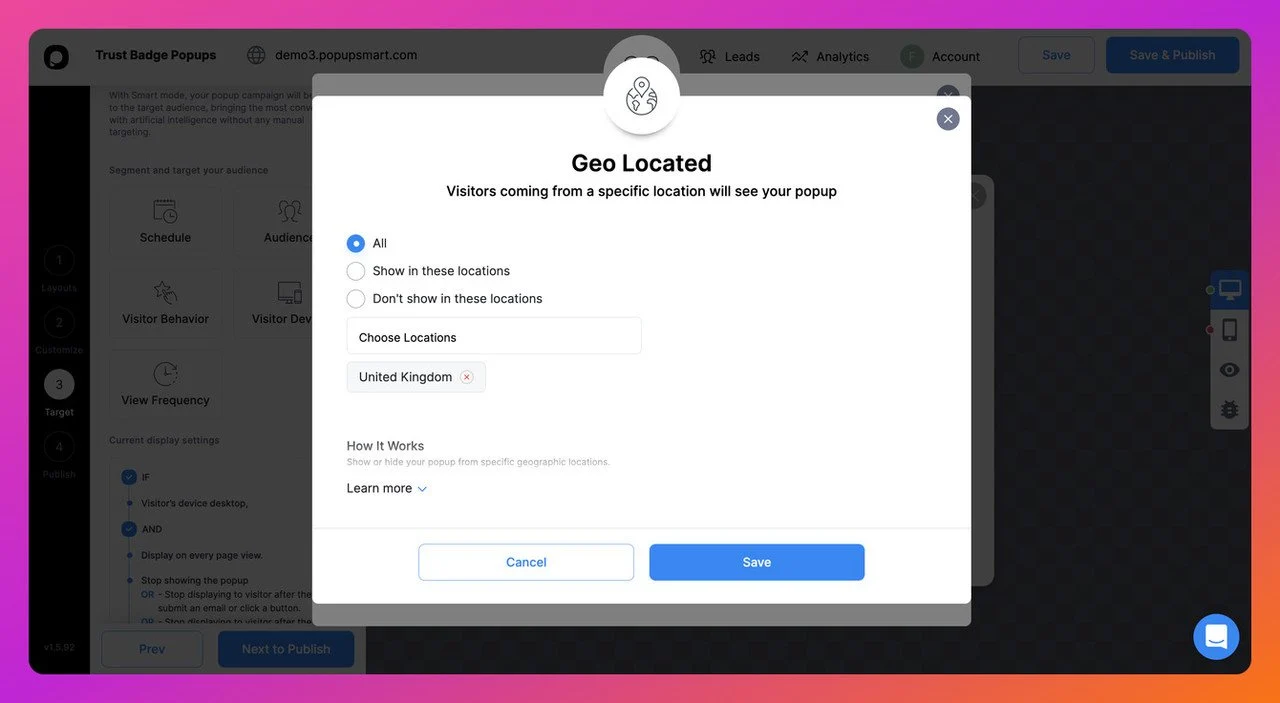 Popupsmart popup builder dashboar step seven showing Geo located settings and features