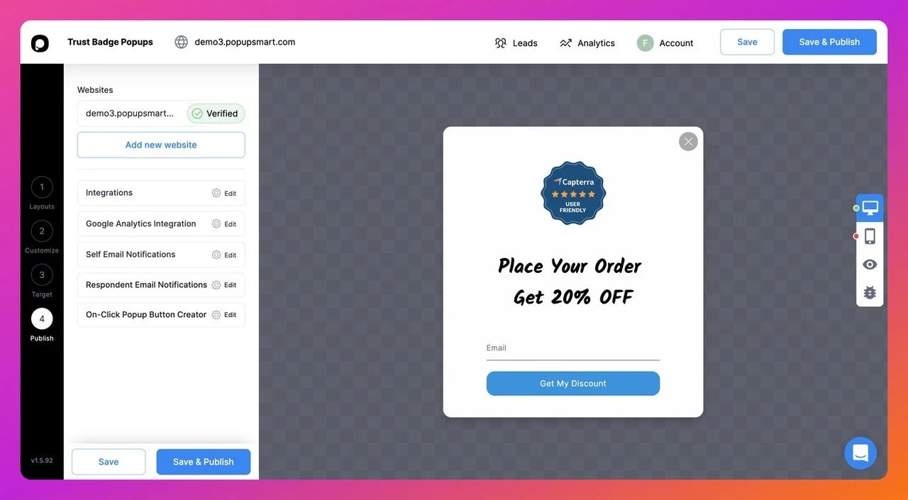 Popupsmart popup builder dashboar step eight "publish" page showing the different integration and features in the last part of the popup creationt