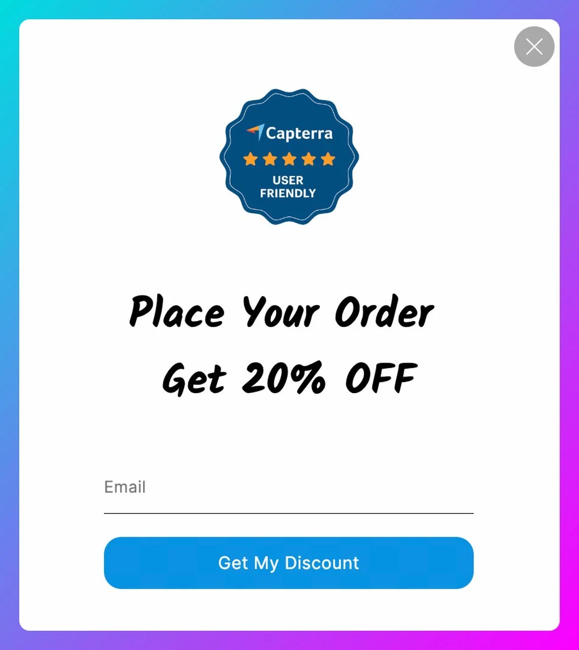 a screenshot of a popup built by Popupsmart, a no code popup builder, showing a Capterra trust badge and offering discount in return for collecting email address