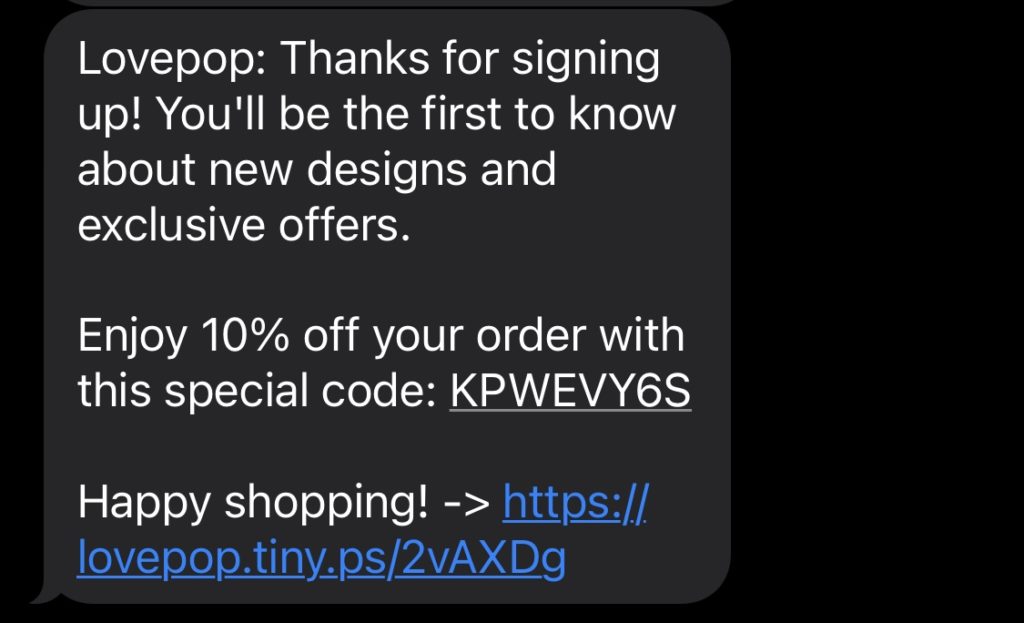 SMS di benvenuto Lovepop con codice coupon
