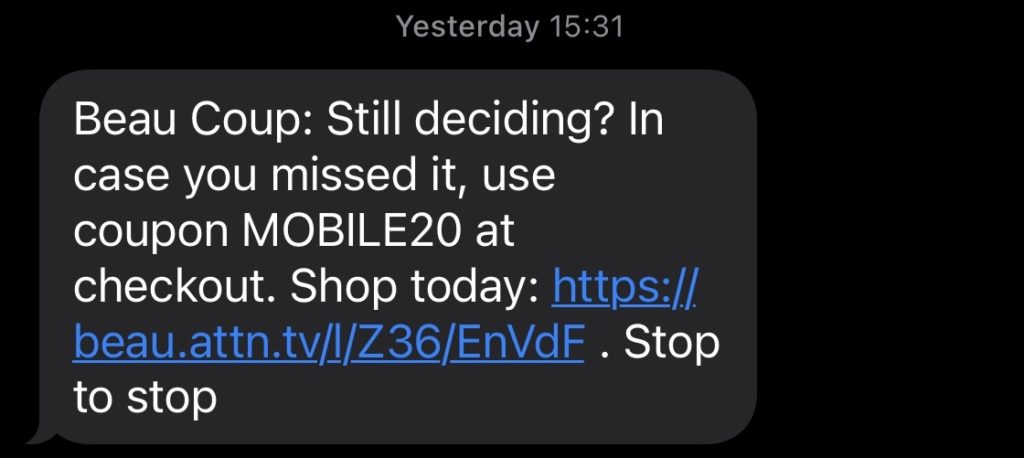 Beispiel für eine SMS-Erinnerung an verlassene Warenkörbe