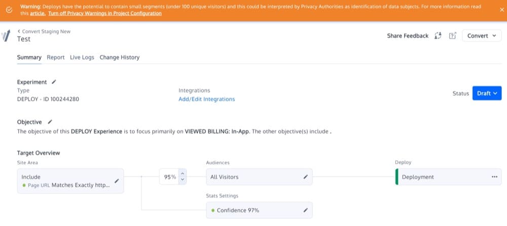Convert's Deploy の Deploys の概要にある GDPR 警告メッセージ