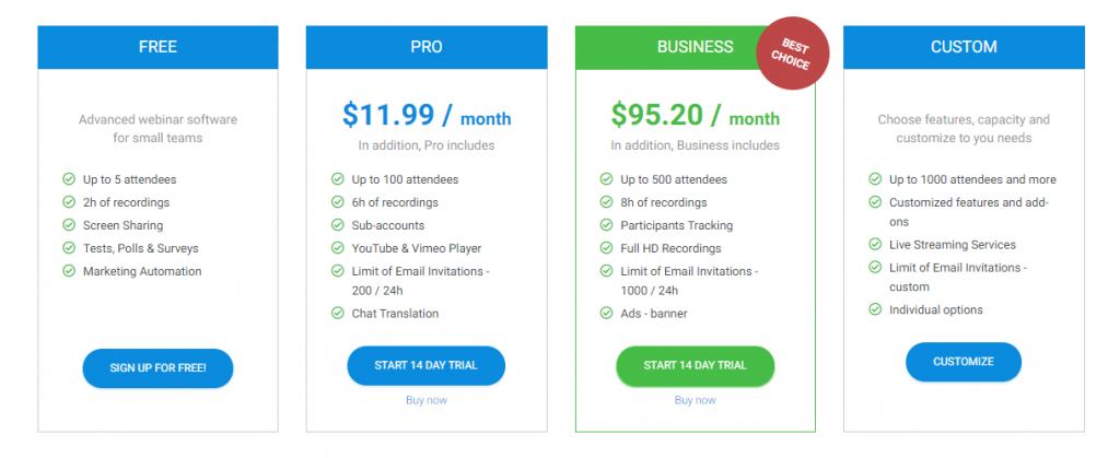 LiveWebinar 定价计划
