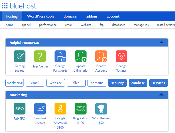 Bluehost ダッシュボード