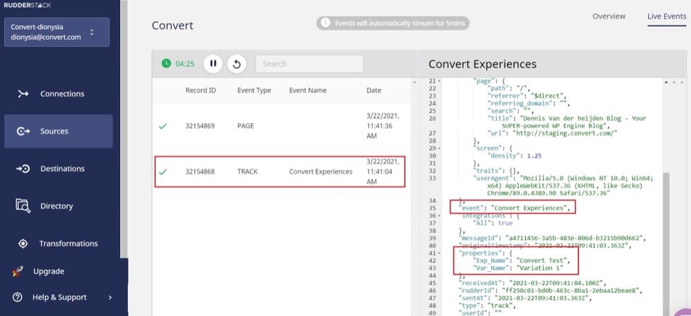 Convert Experiences の Rudderstack イベント