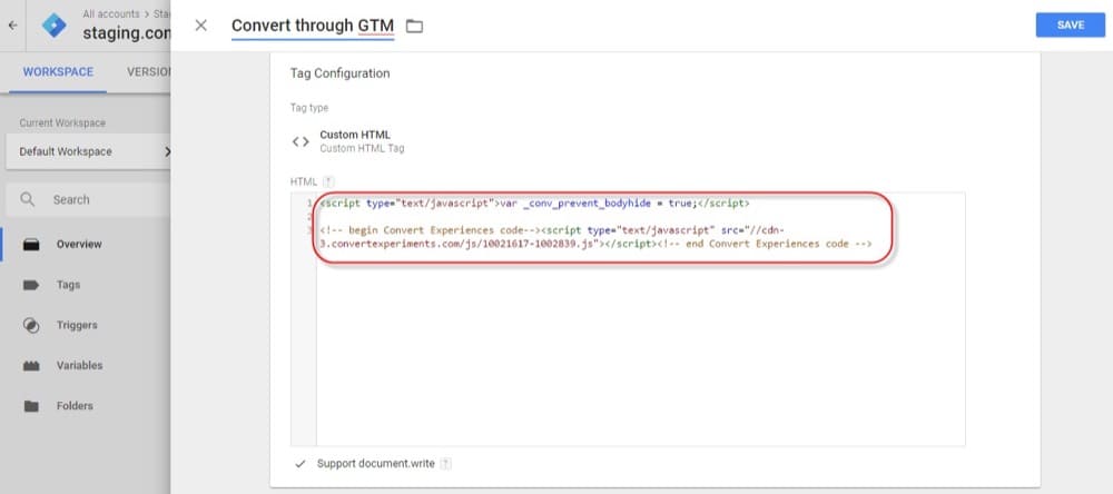 Google タグ マネージャーを使用して、Convert エクスペリエンスに Convert トラッキング コードを挿入します。