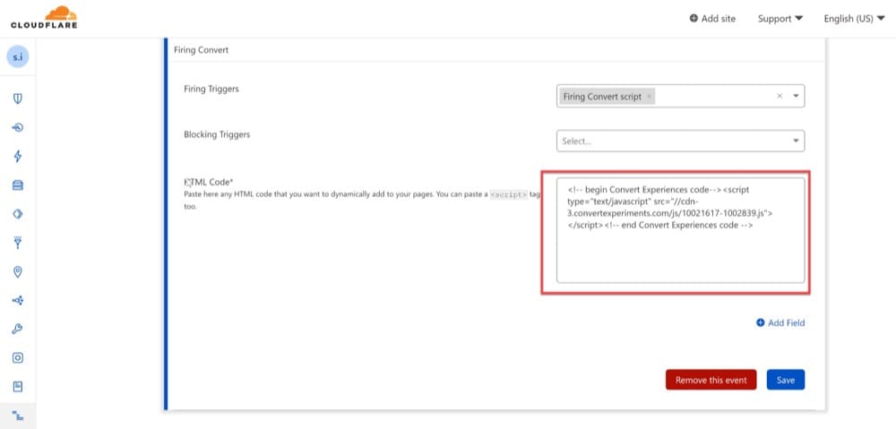 Convert エクスペリエンスに、Cloudflare Zaraz を使用して、Convert 追跡コードを挿入します。