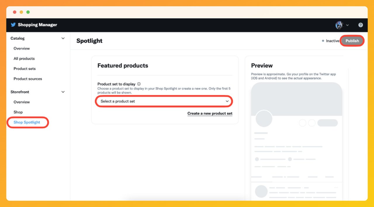 a screenshot of step eight Twitter Shopify integration process to publish Shopify Shop Spotlight