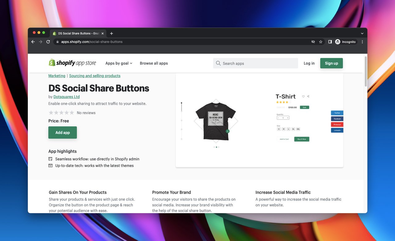 Shopify app store page of DS Social Share Buttons which is a Shopify social share app