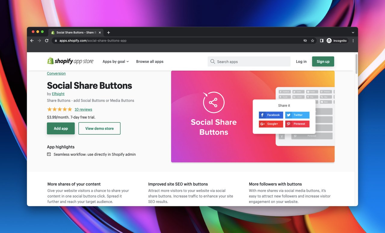 Shopify 소셜 공유 앱인 Elfsight의 Social Share Buttons Shopify 앱 스토어 페이지