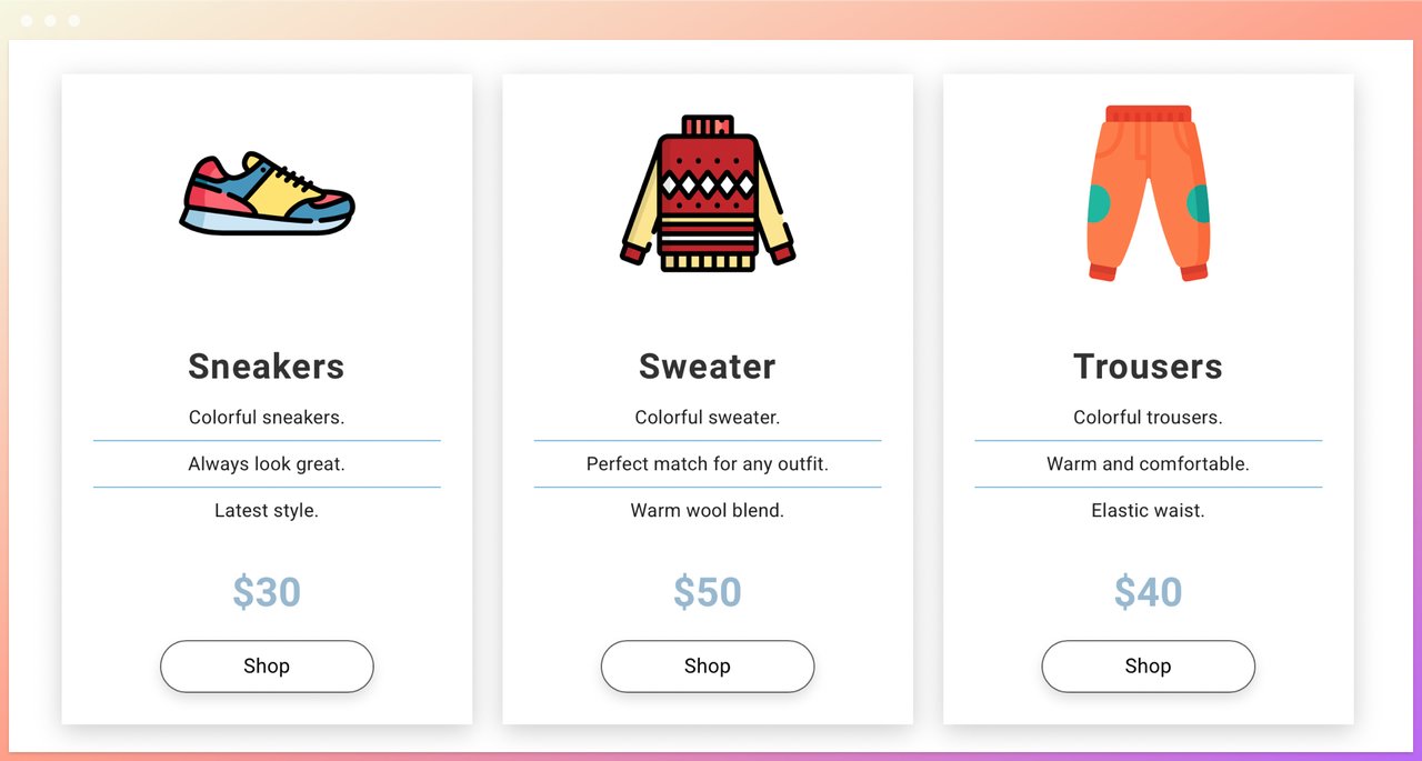 hooked pricing table default theme showing different clothing pieces like a sweater and trousers and a shoe with product features and prices