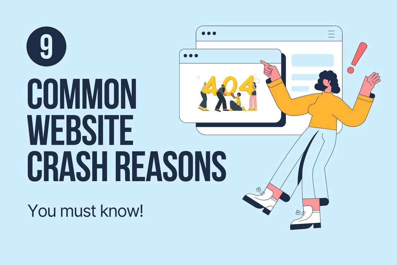 a cover image with a girl illustration pointing at website crash errors with a title on the left that says"9 Common Website Crash Reasons You Must Know"