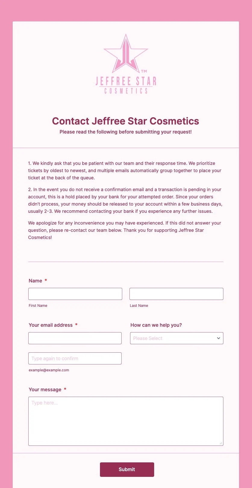 Jeffree Star Cosmetics의 문의 양식 예