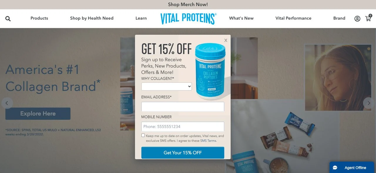 "15% 할인 받기"라는 Vital Proteins의 팝업 양식 예