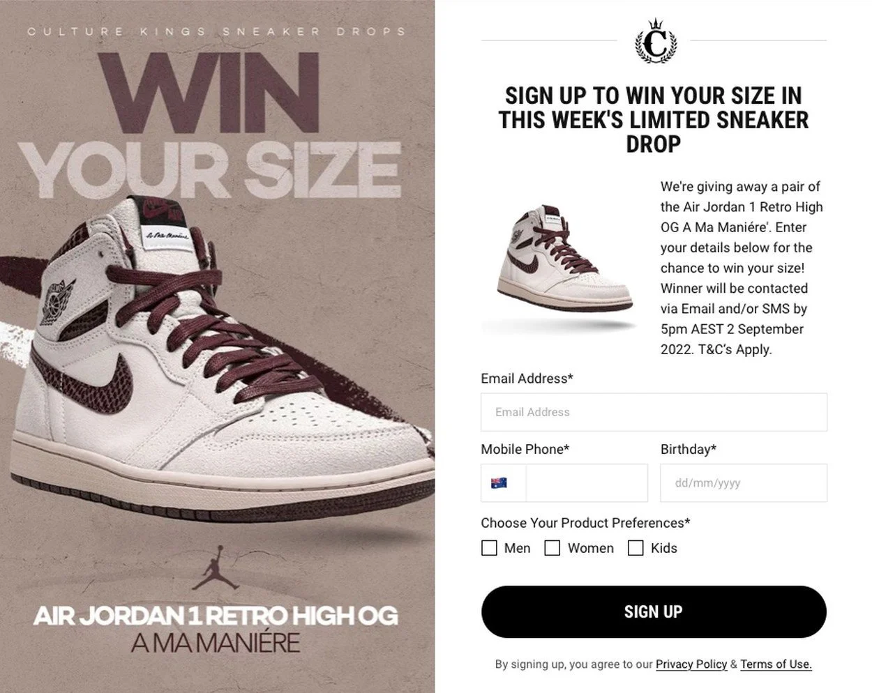 Culturekings の「Win your size」というポップアップ フォームの例と靴の画像