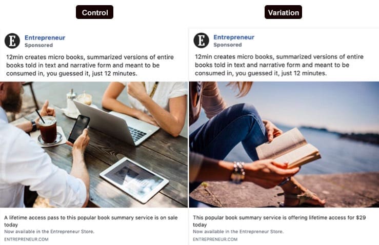 Beispiel für A/B-Tests von Facebook-Anzeigen von Entrepreneur