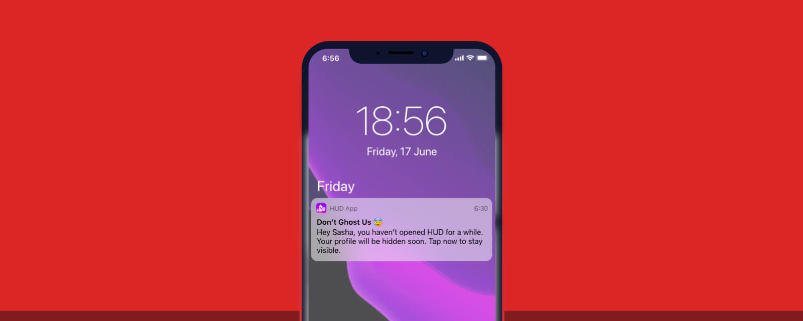 Notificación automática de la aplicación de citas HUD, persuadiendo a un usuario para que regrese a la aplicación