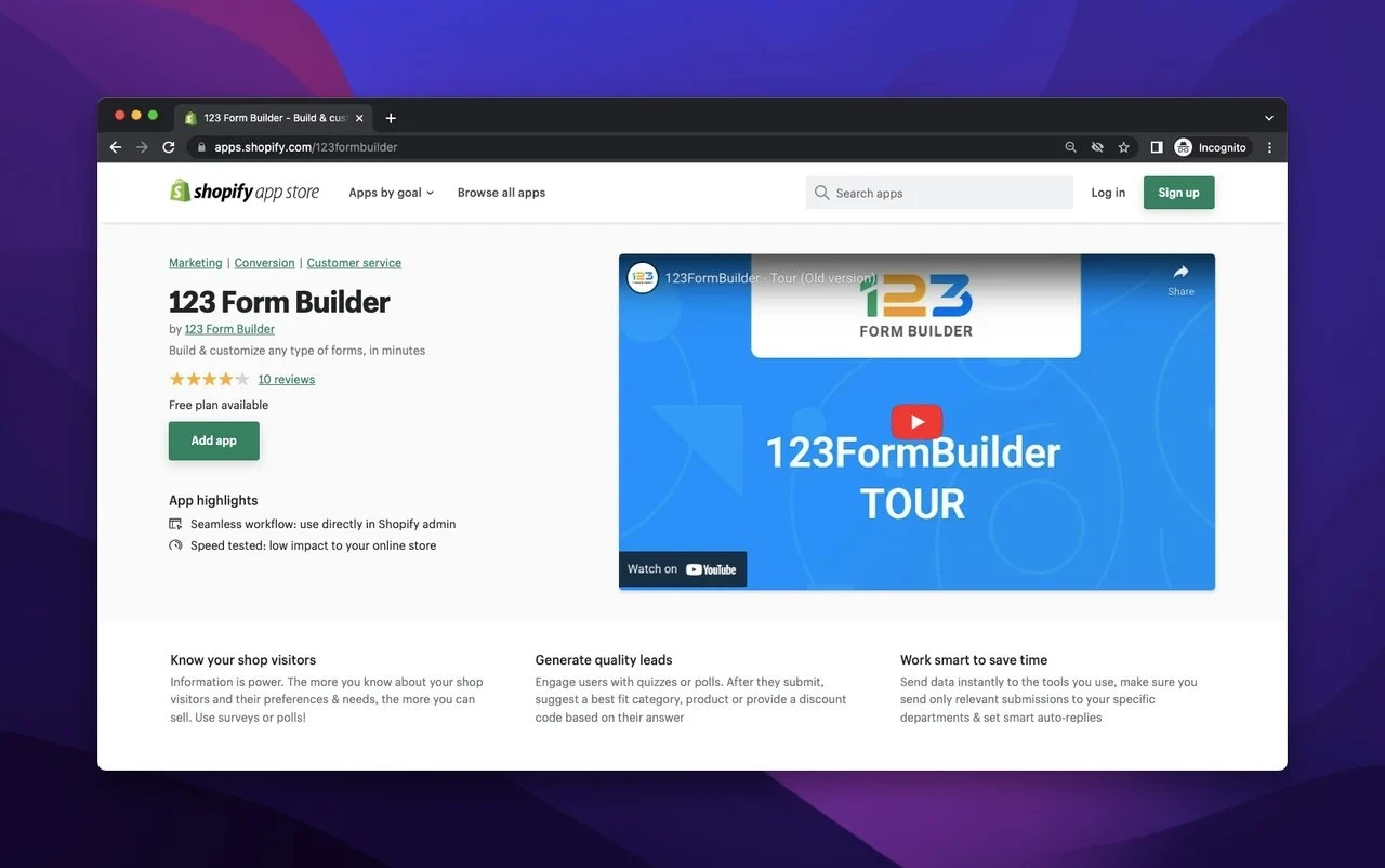 123 form builder on the Shopify app store