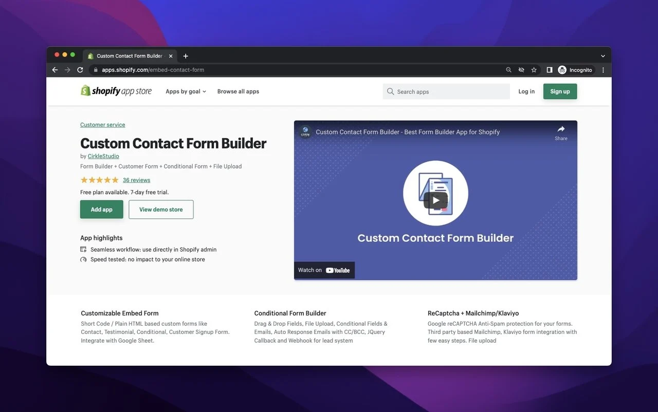 cirklestudio form builder on the Shopify app store