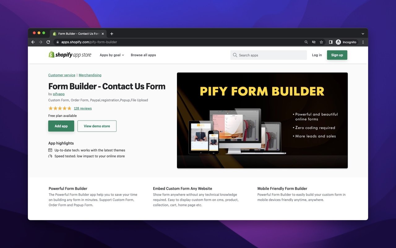 pifyapp form builder on the Shopify app store