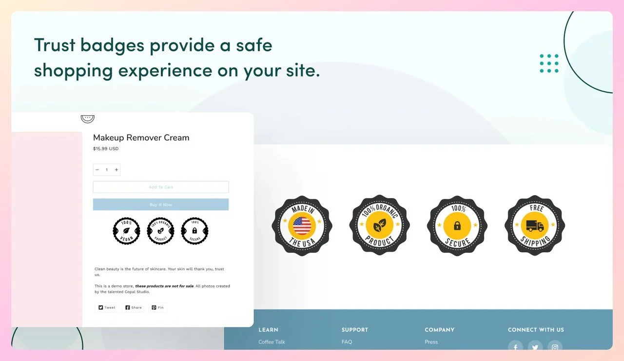 a screenshot of Shopify trust app named"Free Trust Badge Master"that shows different versions of trust badges in Shopify store