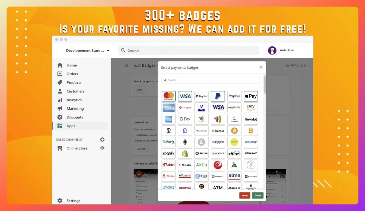 a screenshot of Shopify trust app named"Trust Badges By Show Confidence" with an orange background that shows different trust badge examples to add to the Shopify store