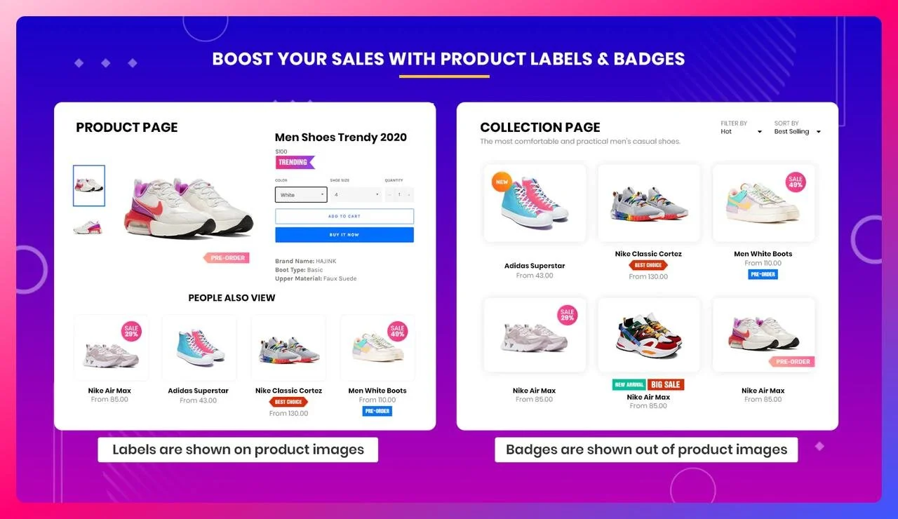 a screenshot of Shopify trust app named"Product Labels & Badges" preview and demo that shows different types of trust seals on the product page