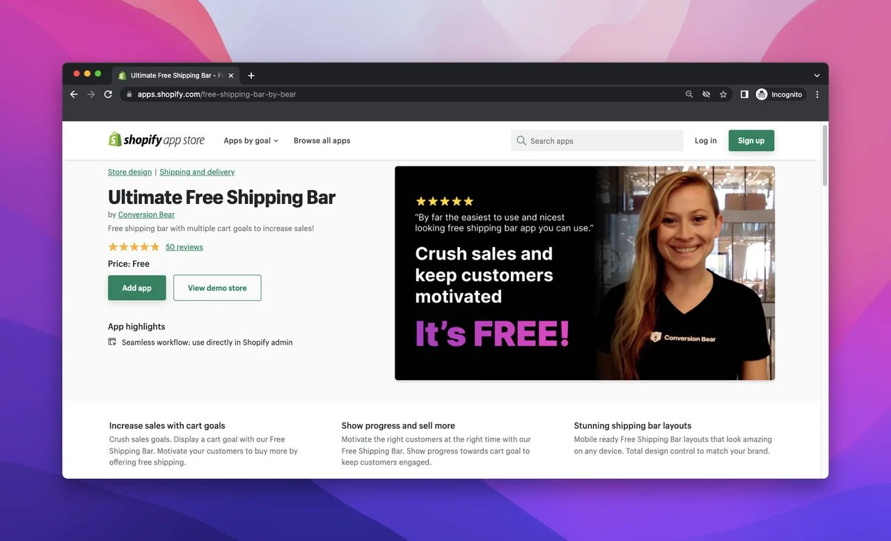 Página de la tienda de aplicaciones de Shopify de Ultimate Free Shipping Bar de Conversion Bear