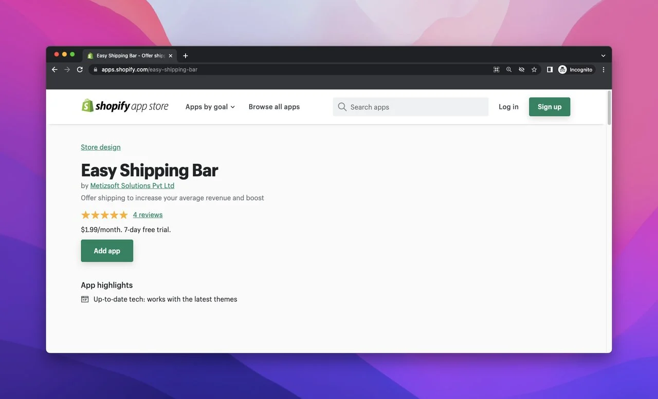 Página da loja de aplicativos da Shopify da Easy Shipping Bar