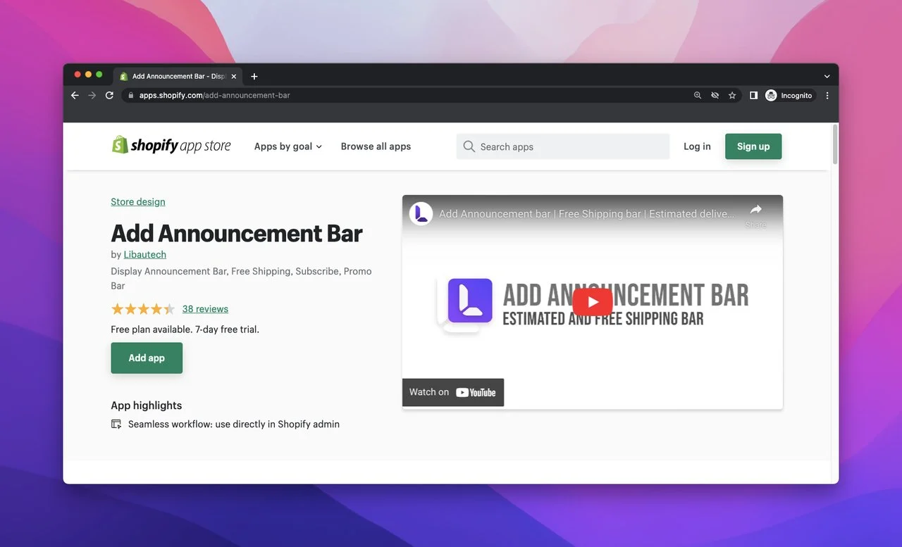 Pagina dell'app store di Shopify di Add Announcement Bar Libautech