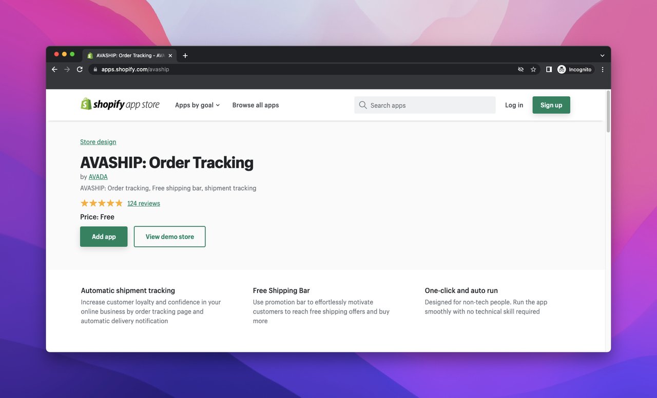 AVASHIP Order Tracking 的 Shopify 應用商店頁面