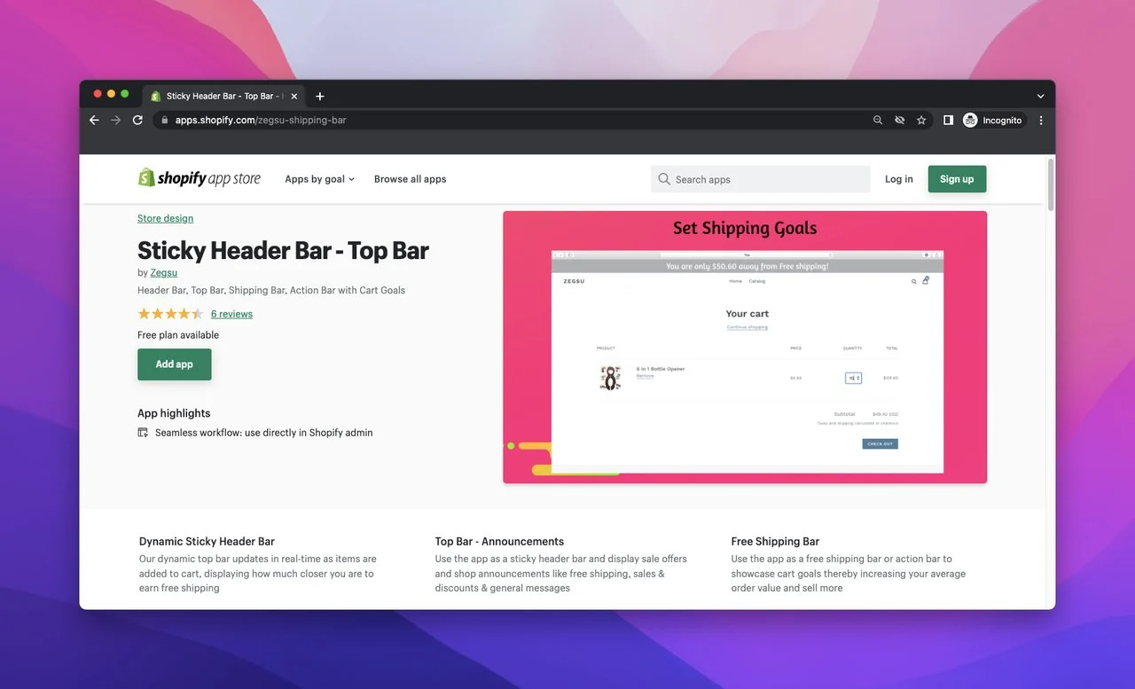 Pagina dell'app store di Shopify di Sticky Header Bar Top Bar Zegsu