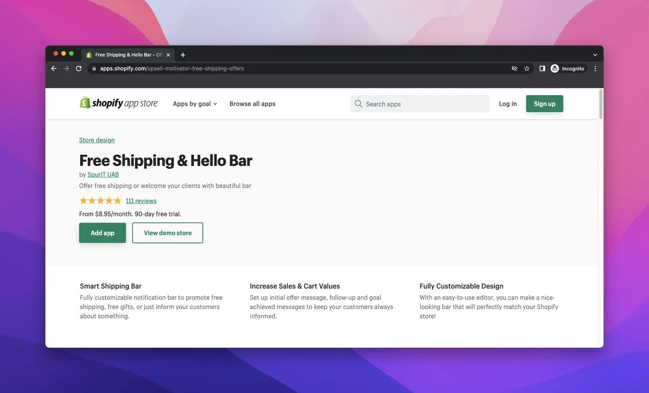 Shopify-App-Store-Seite mit kostenlosem Versand Hello Bar SpurIT UAB