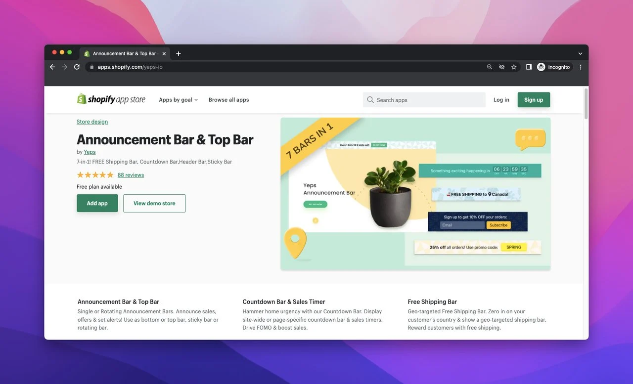 Página de la tienda de aplicaciones de Shopify de Announcement Bar Top Bar Sí