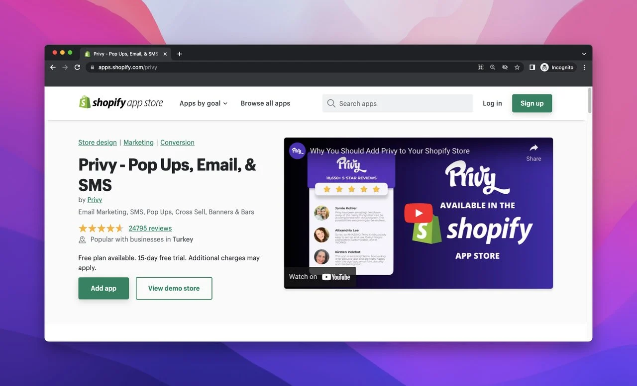 Página de la tienda de aplicaciones Shopify de una herramienta de marketing llamada Privy