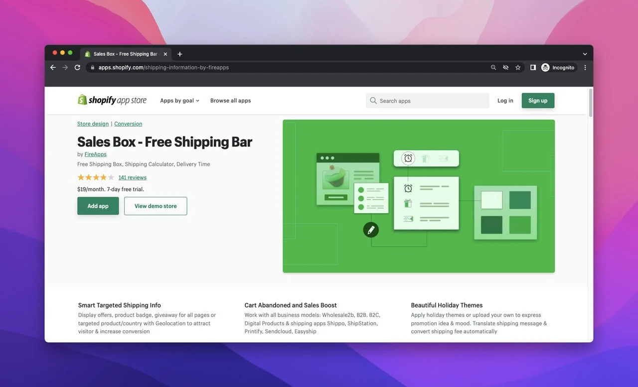 Pagina dell'app store di Shopify della barra di spedizione gratuita di Sales Box