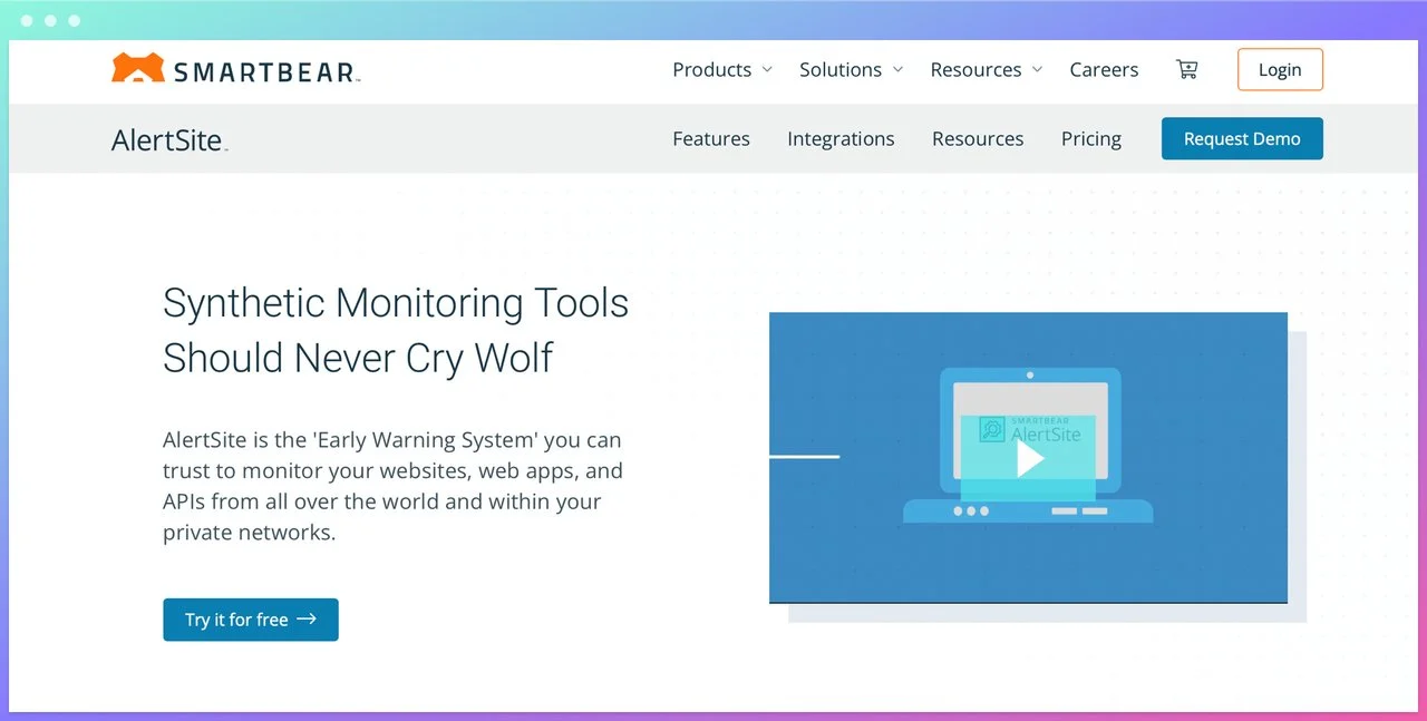 smartbear alertsite homepage with synthetic monitoring tools should never cry wolf headline on the left and a video preview screen on the right