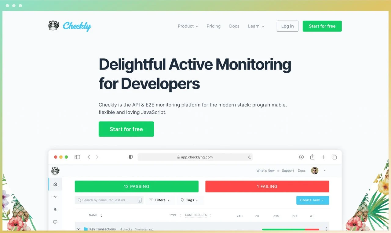 checkly homepage with delightful active monitoring for developers in the center and a green start for free button below followed by an example window