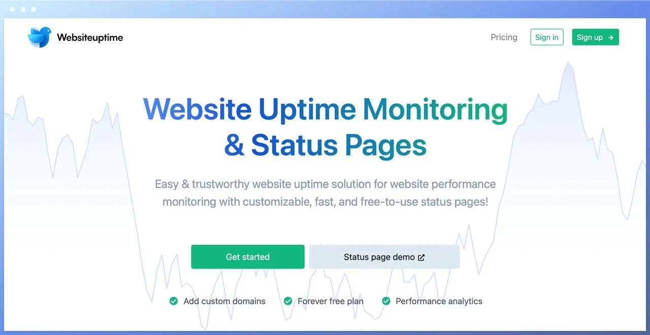 websiteuptime homepage with the headline in the center and get started and status page demo buttons below