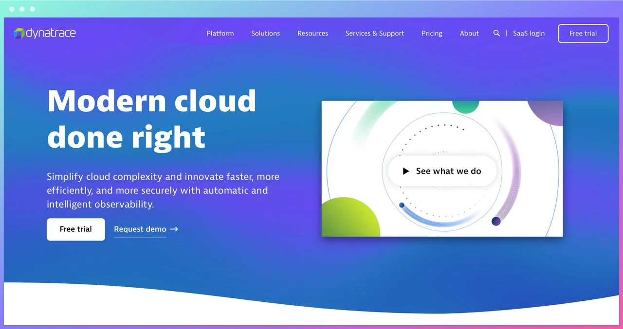 dynatrace homepage with modern cloud done right headline on the left with a blue background and see what we do video on the right